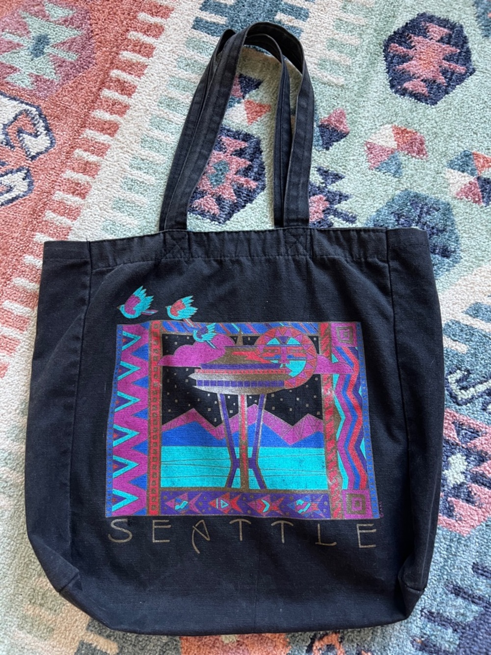 Vintage Seattle Graphic Tote Bag with Neon Space Needle Design